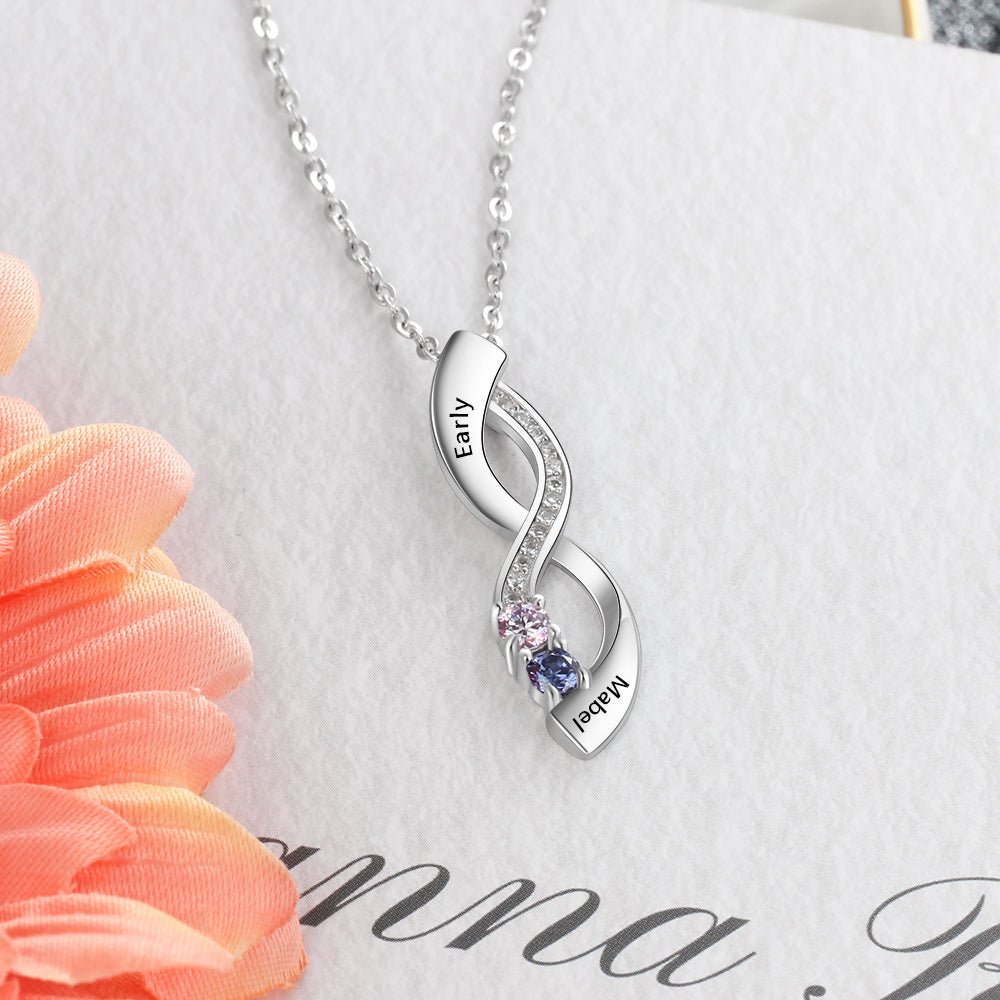 Infinity Pendant Necklace with Birthstones, 925 Sterling Silver Birthstone Necklace, Mother's day Gift - Engraved Memories