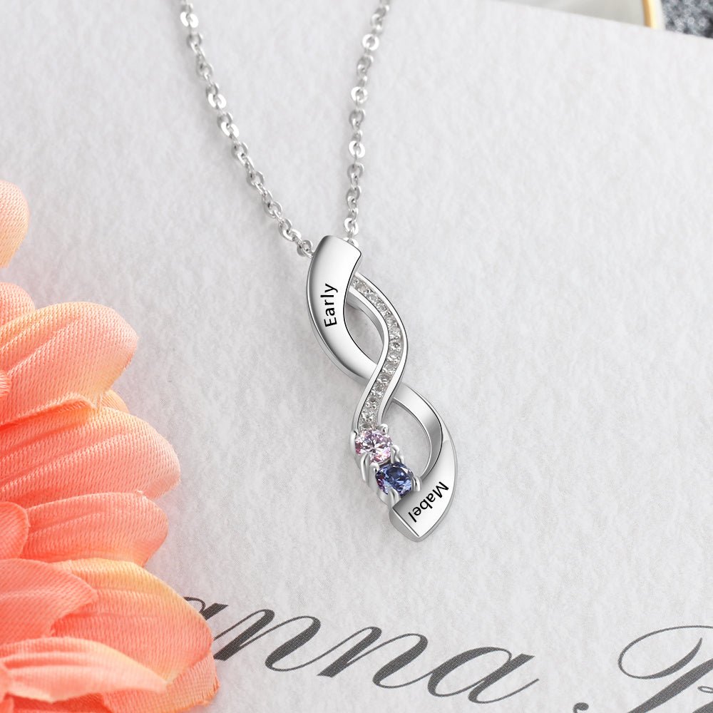 Personalised infinity pendant necklace, 925 sterling silver, birthstone design, 45cm chain, Mother's Day gift.