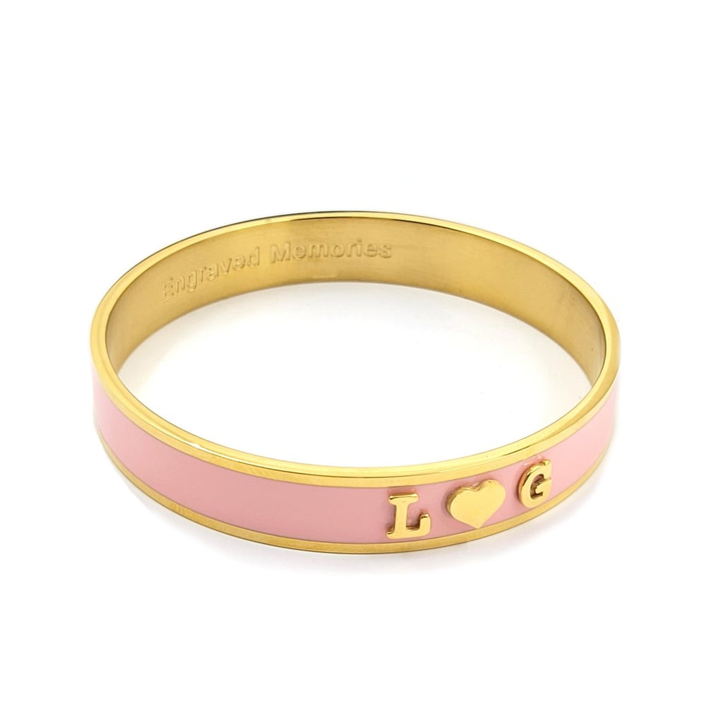 Personalised gold-plated initial letter bangle, enamel stainless steel, adjustable, custom engraving, gift box.