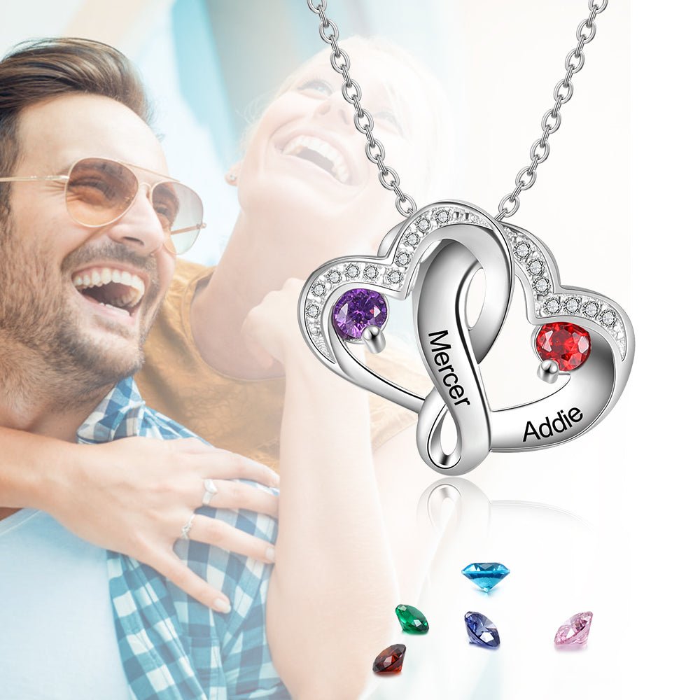 Intertwining Heart Necklace with Birthstones, Personalised 925 Sterling Silver Heart Pendants with Chain - Engraved Memories