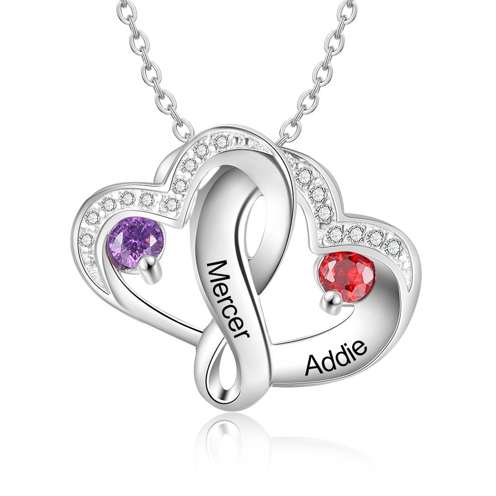 Intertwining Heart Necklace with Birthstones, Personalised 925 Sterling Silver Heart Pendants with Chain - Engraved Memories