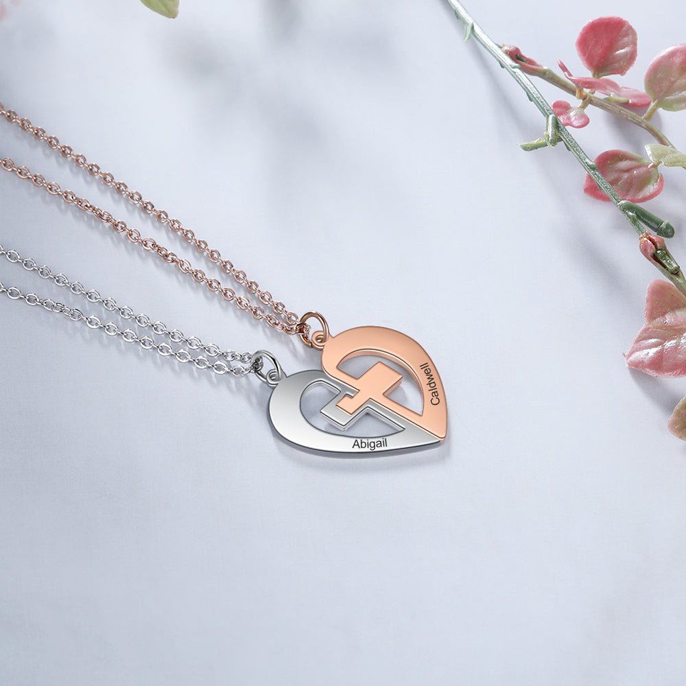 Joined Heart Necklace With Cross Couples Gift Personalised Two