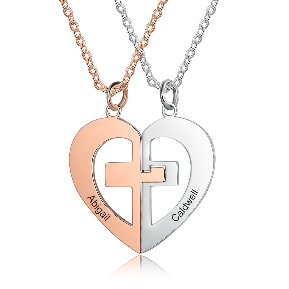 Joined Heart Necklace With Cross, Couples Gift, Personalised Two Toned Heart Pendants, Cross Heart Necklace Set - Engraved Memories