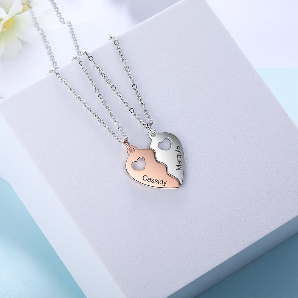 Personalized two-toned stainless steel joining heart necklace set, 45+5cm chain, 1g weight.