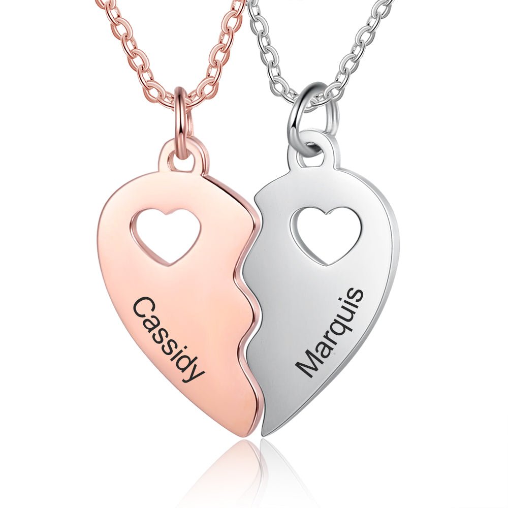 Joining Heart Necklace Set, Personalised Stainless Steel Two Toned Pendants - Engraved Memories