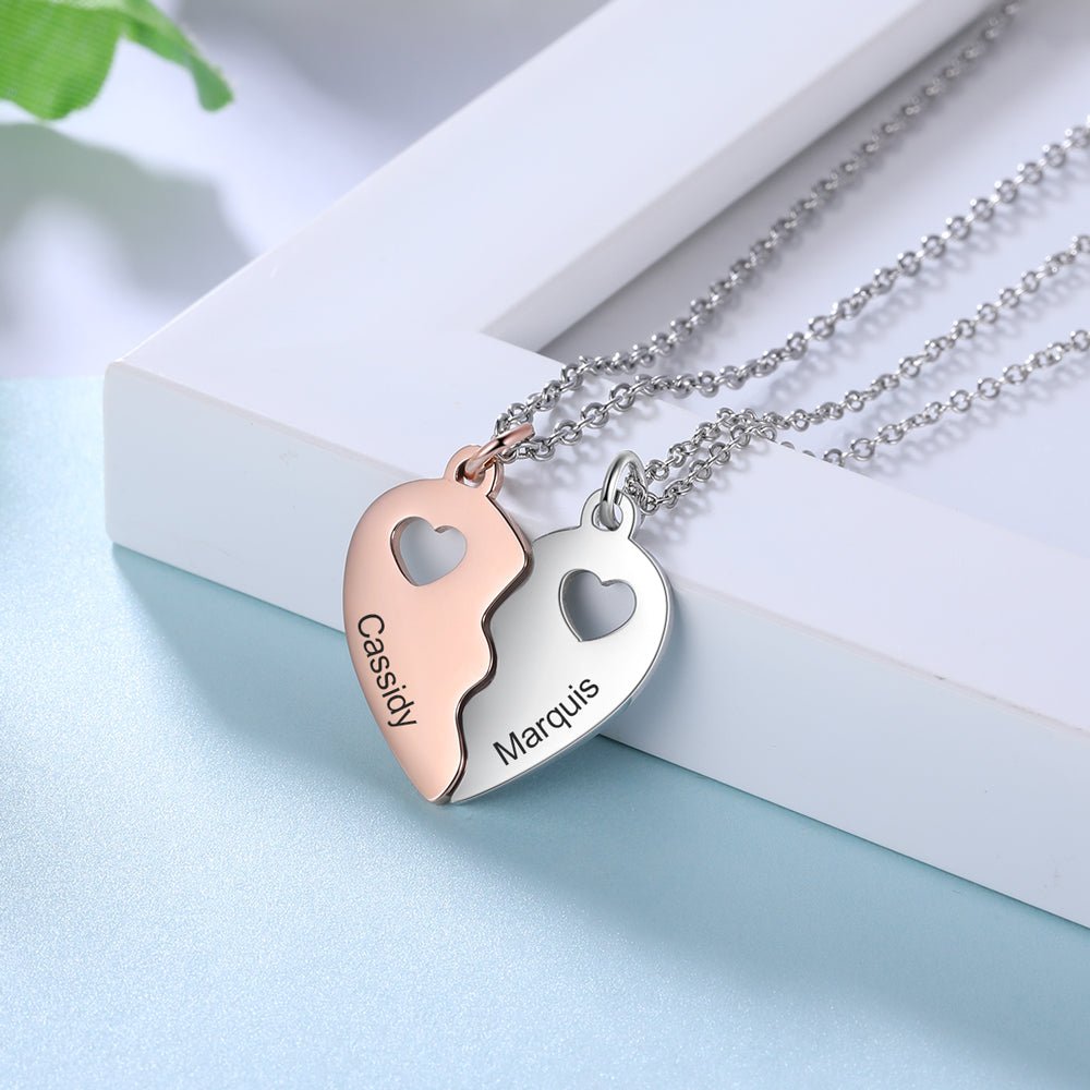 Joining Heart Necklace Set, Personalised Stainless Steel Two Toned Pendants - Engraved Memories