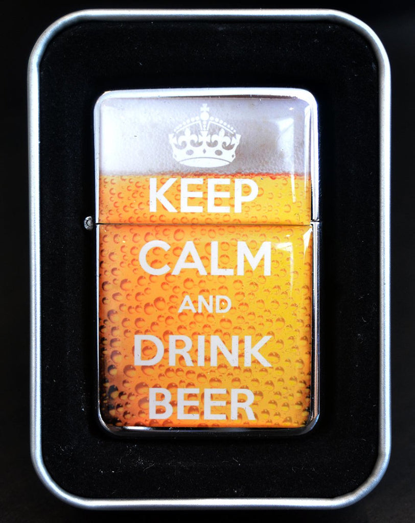 Engraved 'Keep Calm & Drink Beer' star petrol lighter with flint ignition, comes in a tin box.