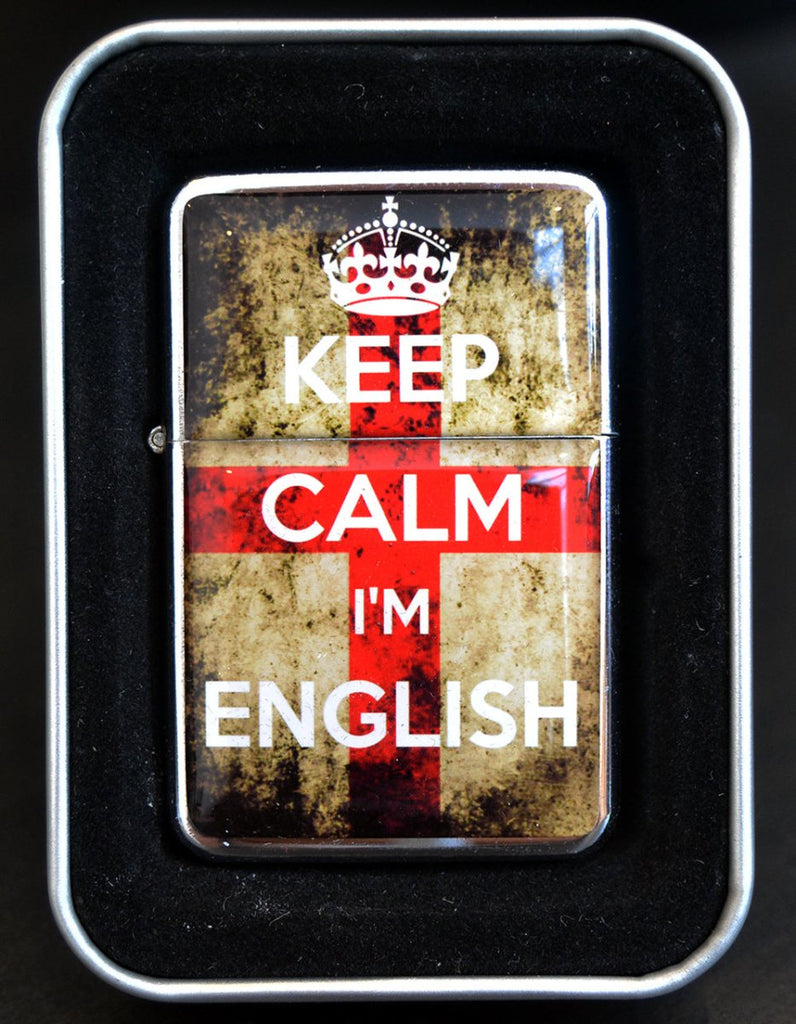 Engraved 'Keep Calm I'm English' star petrol lighter with flint ignition, comes in a tin box.