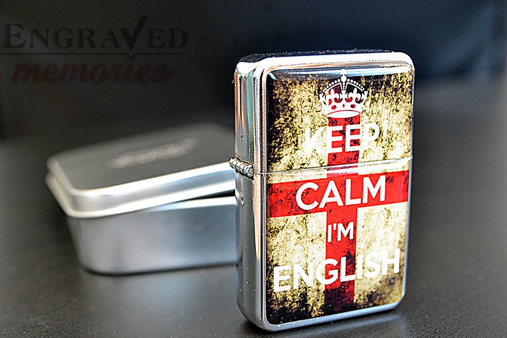 Engraved 'Keep Calm I'm English' star petrol lighter with flint ignition, comes in a tin box.