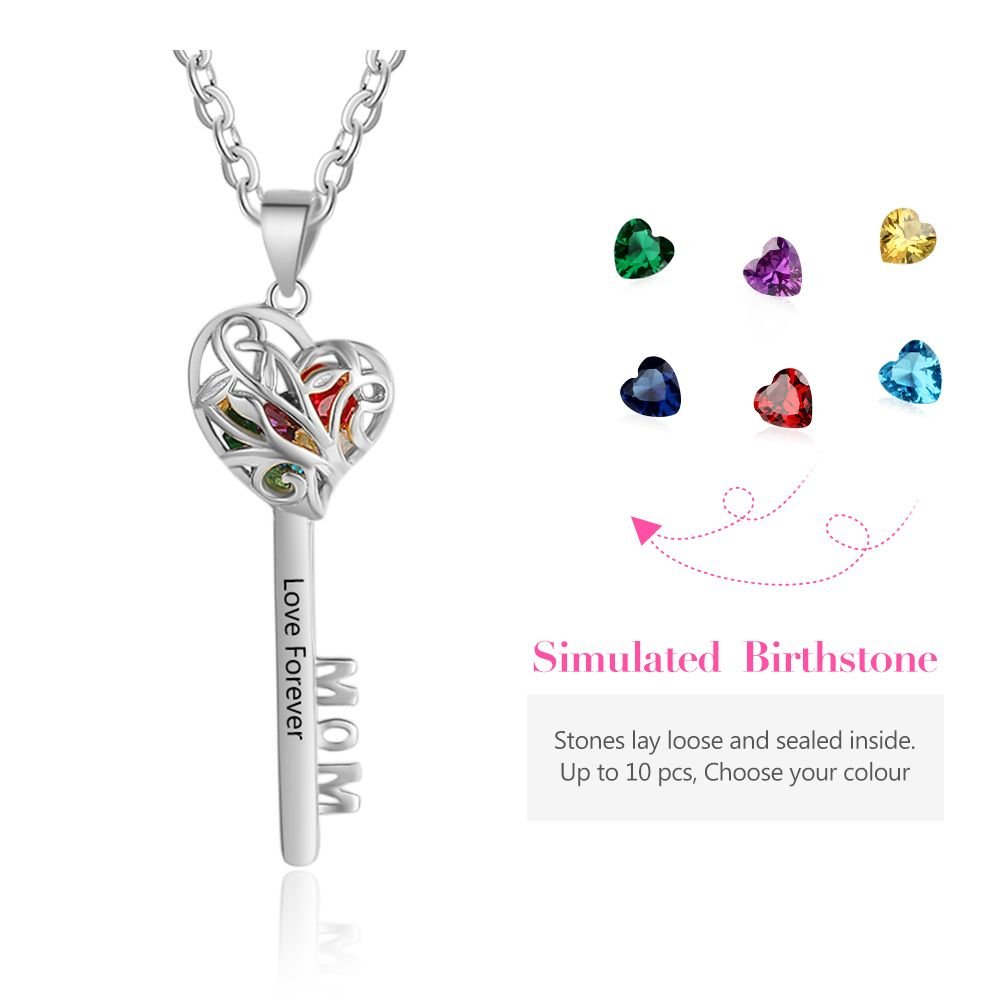 Personalized 925 sterling silver key pendant necklace with birthstones, 'Mom' cutout, 45cm chain