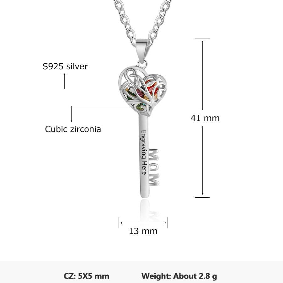 Key Pendant Necklace, Personalised Sterling Silver 925 Key to Heart Necklace with Birthstones - Engraved Memories
