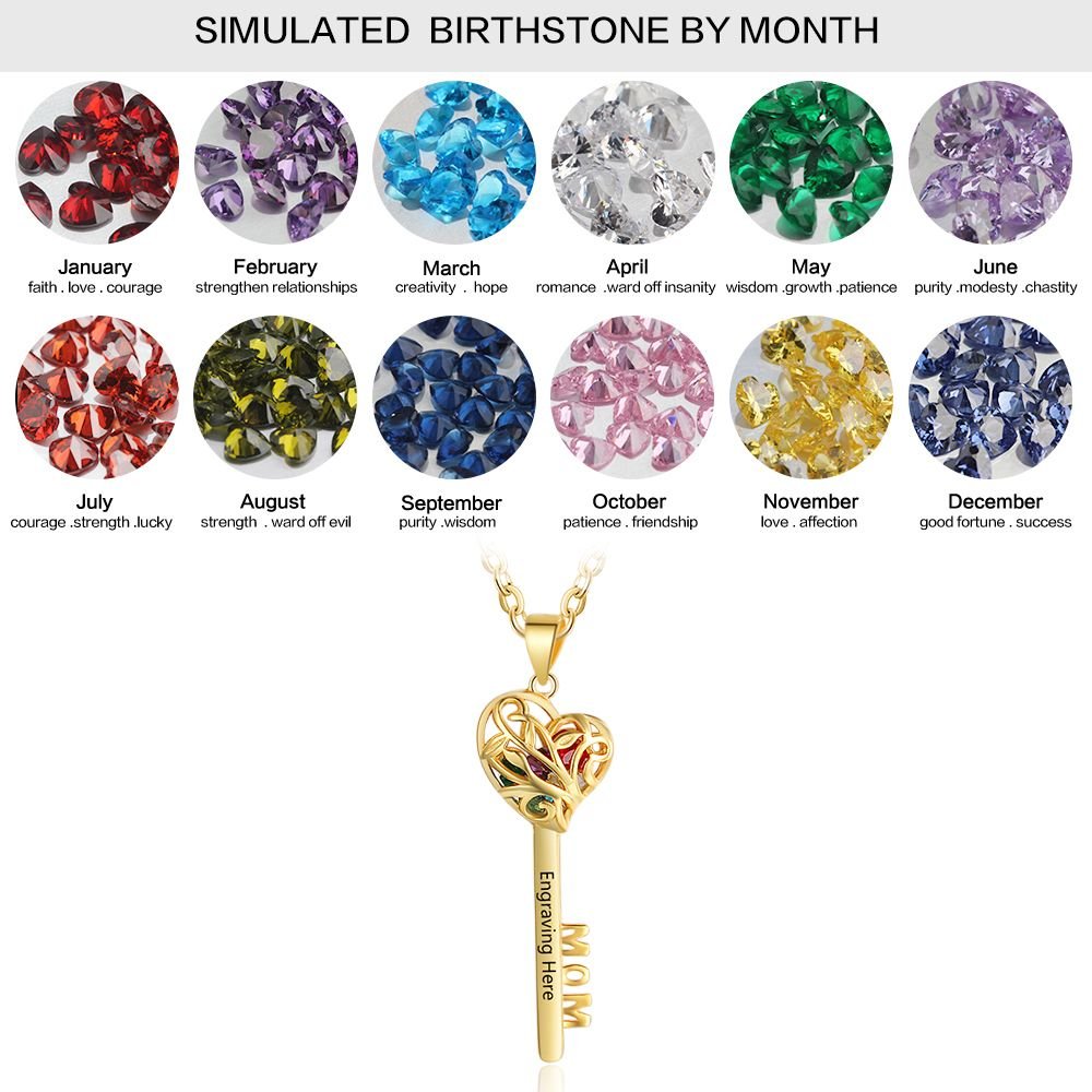 Personalized 925 sterling silver key pendant necklace with birthstones, 'Mom' cutout, 45cm chain