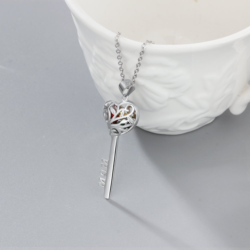 Personalized 925 sterling silver key pendant necklace with birthstones, 'Mom' cutout, 45cm chain