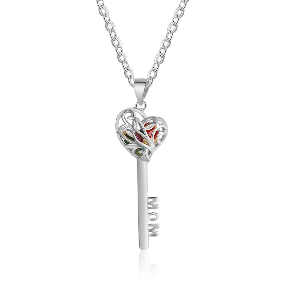 Personalized 925 sterling silver key pendant necklace with birthstones, 'Mom' cutout, 45cm chain