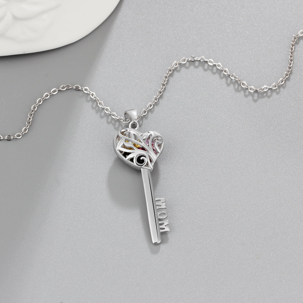 Personalized 925 sterling silver key pendant necklace with birthstones, 'Mom' cutout, 45cm chain