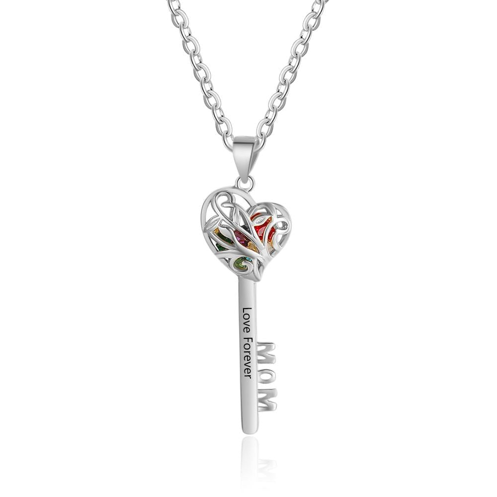 Key Pendant Necklace, Personalised Sterling Silver 925 Key to Heart Necklace with Birthstones - Engraved Memories