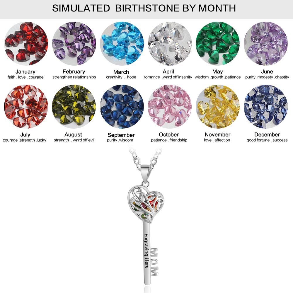 Personalized 925 sterling silver key pendant necklace with birthstones, 'Mom' cutout, 45cm chain