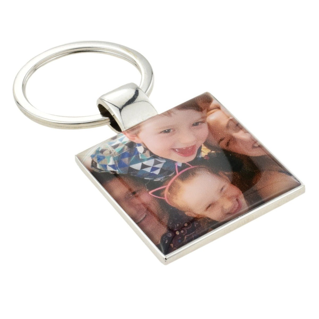 Personalized stainless steel photo keyring, custom image and text, 3.6x3.6cm, includes velvet pouch