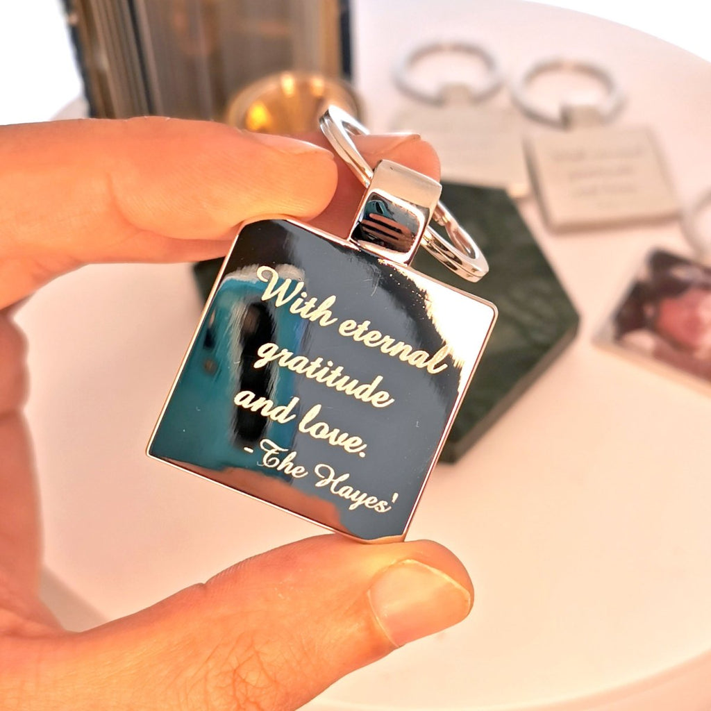 Personalized stainless steel photo keyring, custom image and text, 3.6x3.6cm, includes velvet pouch