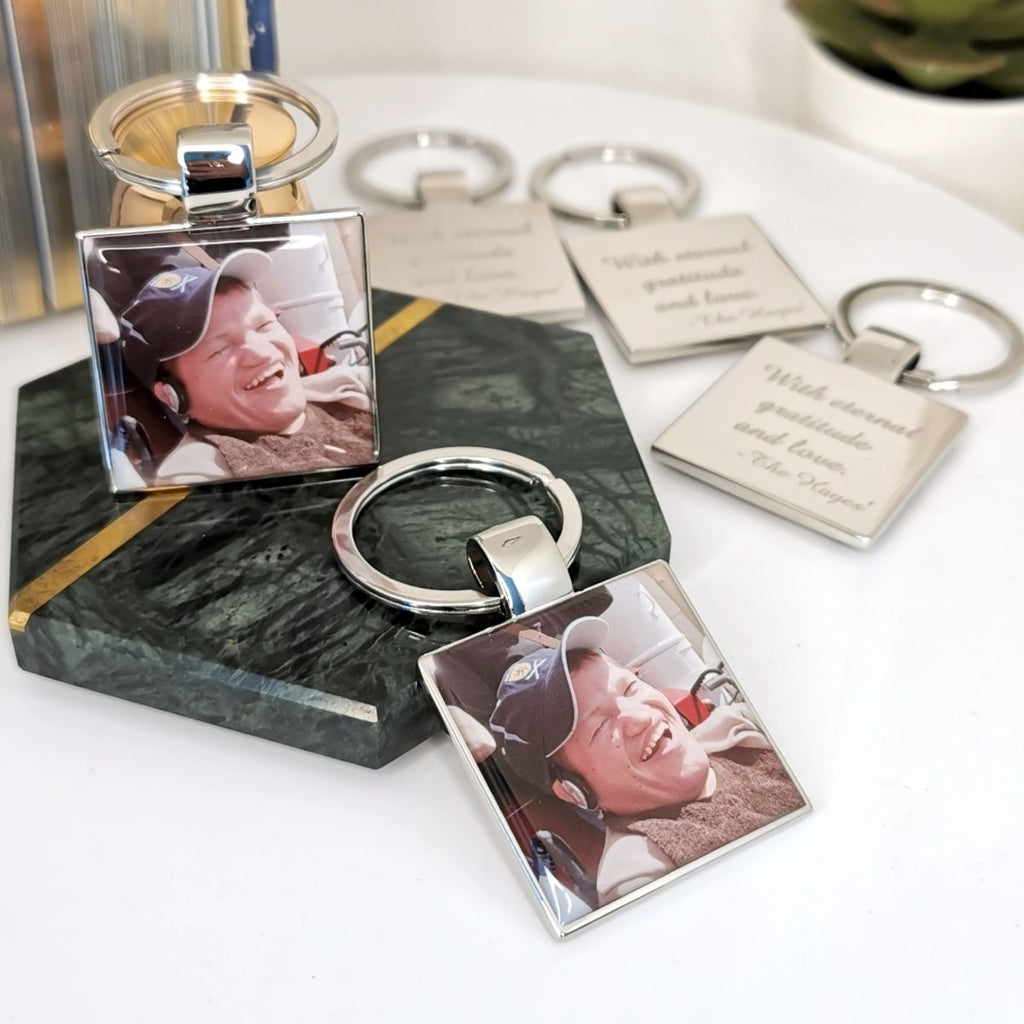 Large Personalised Stainless Steel Photo Keyring, Key Chain | Memorial gift - Engraved Memories