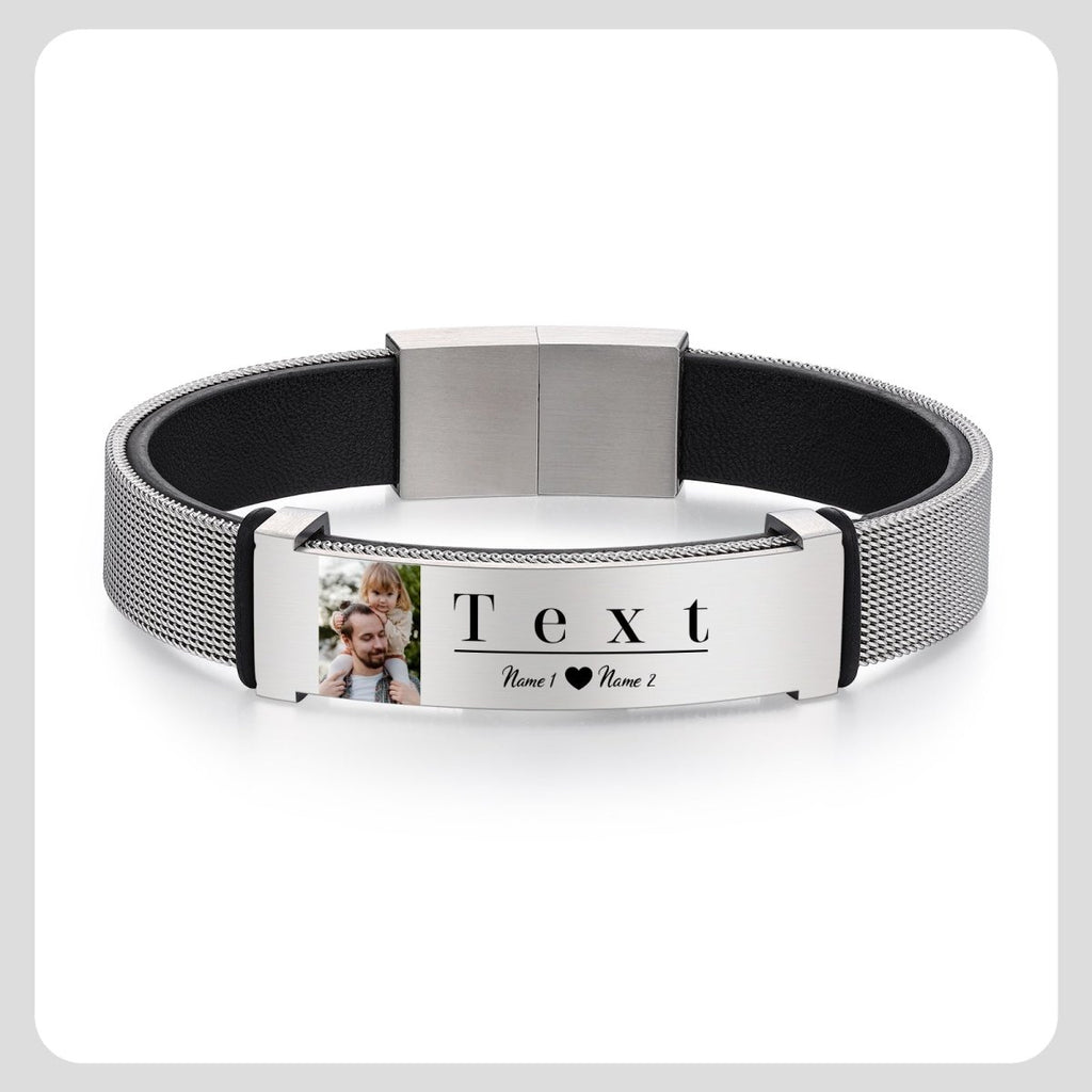 Leather and Steel Bracelet, Photo and Text Personalised Men's Bracelet - Father's day Gift - Engraved Memories