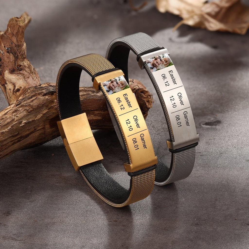Personalized leather and steel men's bracelet with photo and text, 22.5cm, stainless steel/gold-plated.