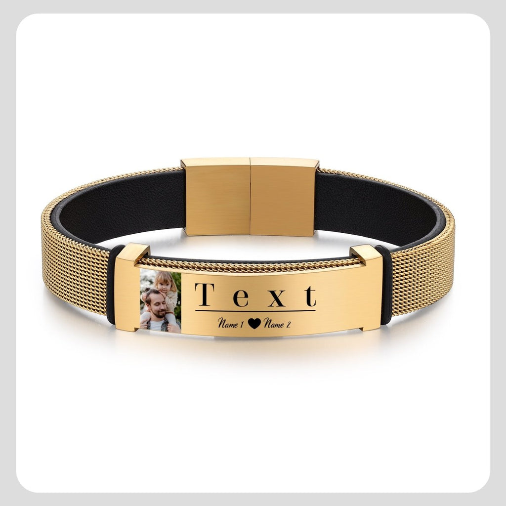 Personalized leather and steel men's bracelet with photo and text, 22.5cm, stainless steel/gold-plated.
