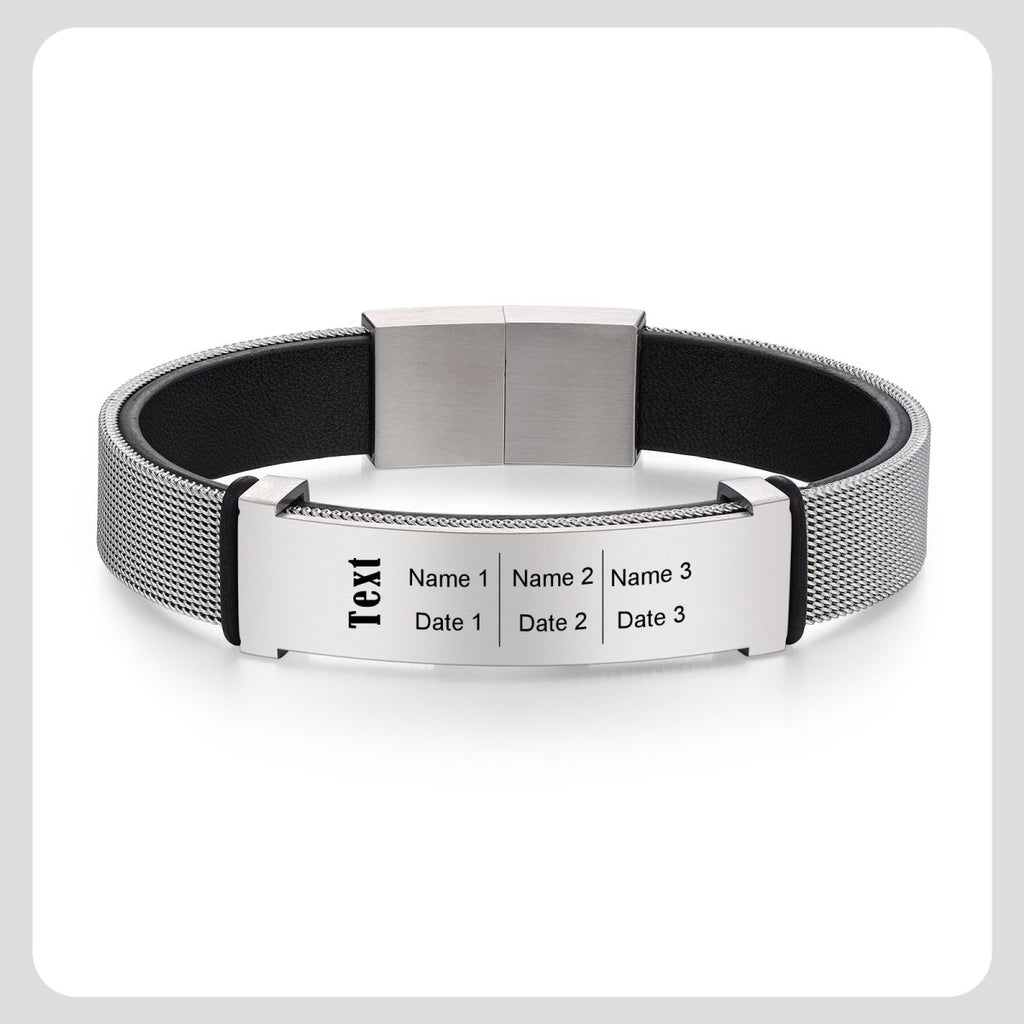 Leather and Steel Bracelet, Photo and Text Personalised Men's Bracelet - Father's day Gift - Engraved Memories