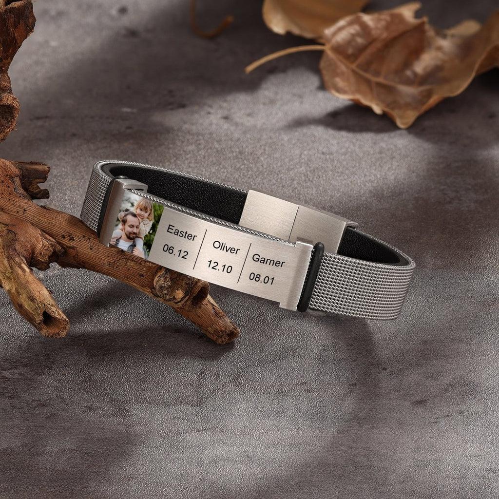 Personalized leather and steel men's bracelet with photo and text, 22.5cm, stainless steel/gold-plated.
