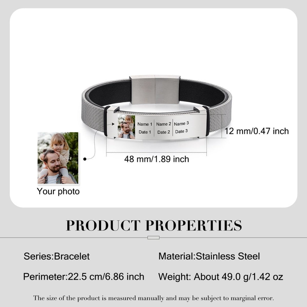 Personalized leather and steel men's bracelet with photo and text, 22.5cm, stainless steel/gold-plated.