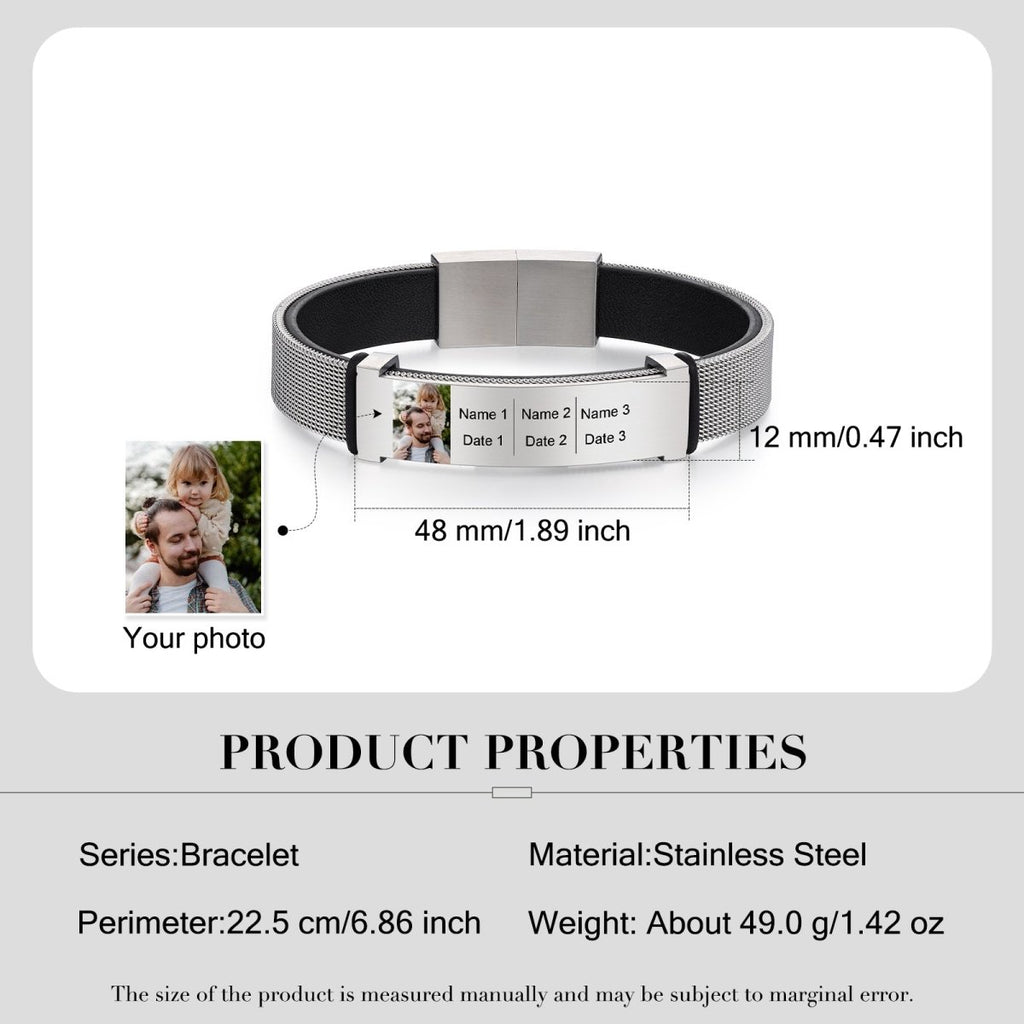 Leather and Steel Bracelet, Photo and Text Personalised Men's Bracelet - Father's day Gift - Engraved Memories