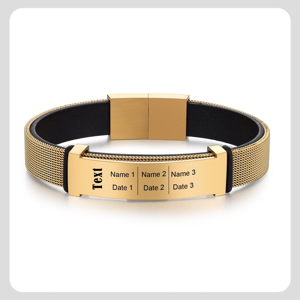 Personalized leather and steel men's bracelet with photo and text, 22.5cm, stainless steel/gold-plated.