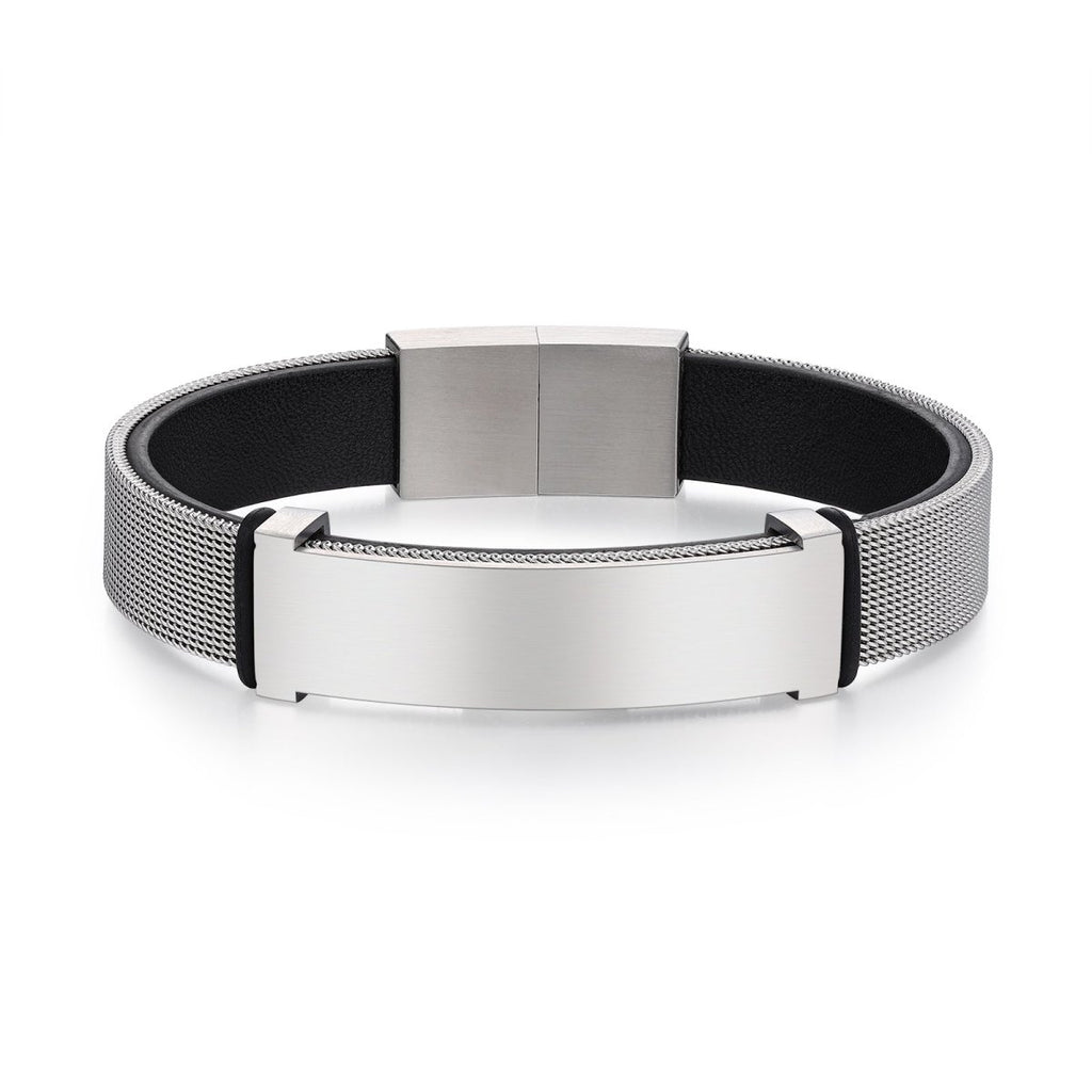 Personalized leather and steel men's bracelet with photo and text, 22.5cm, stainless steel/gold-plated.
