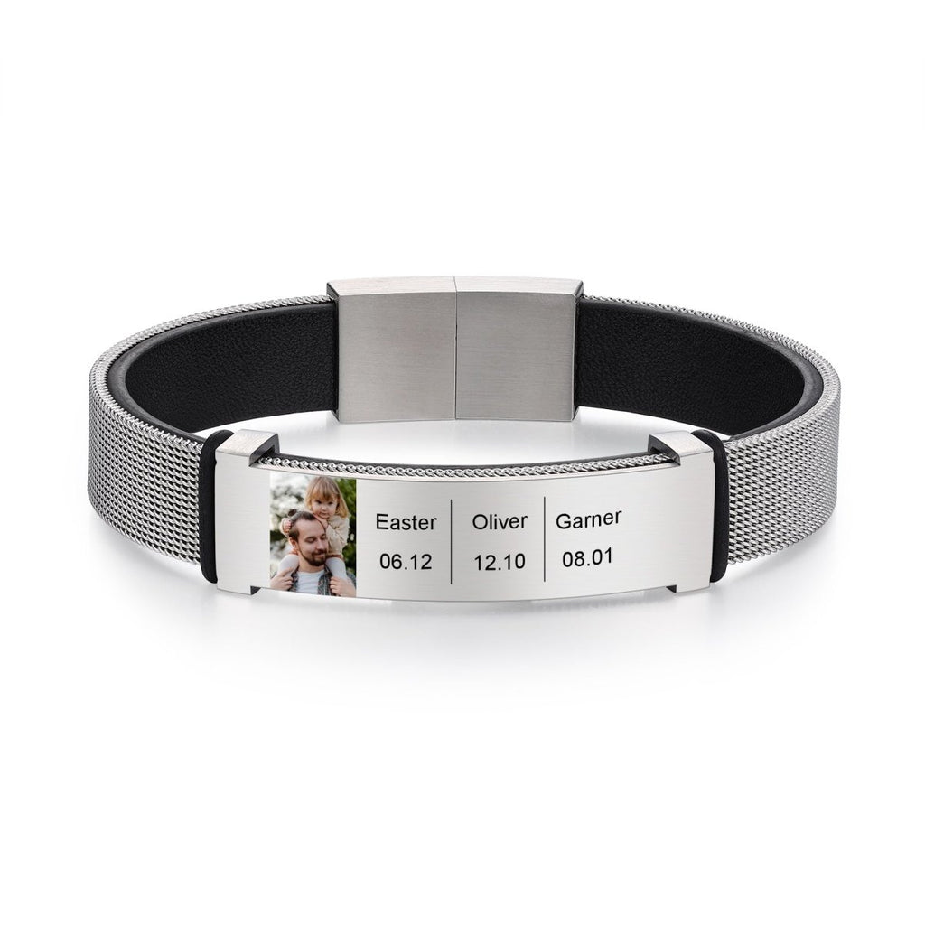 Personalized leather and steel men's bracelet with photo and text, 22.5cm, stainless steel/gold-plated.