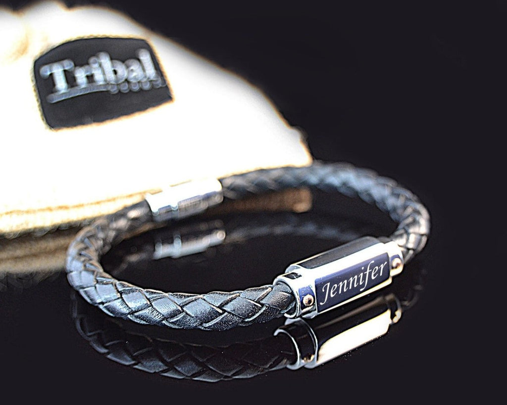 Personalised Tribal Steel Leather Bracelet with screw head detail - Engraved Memories