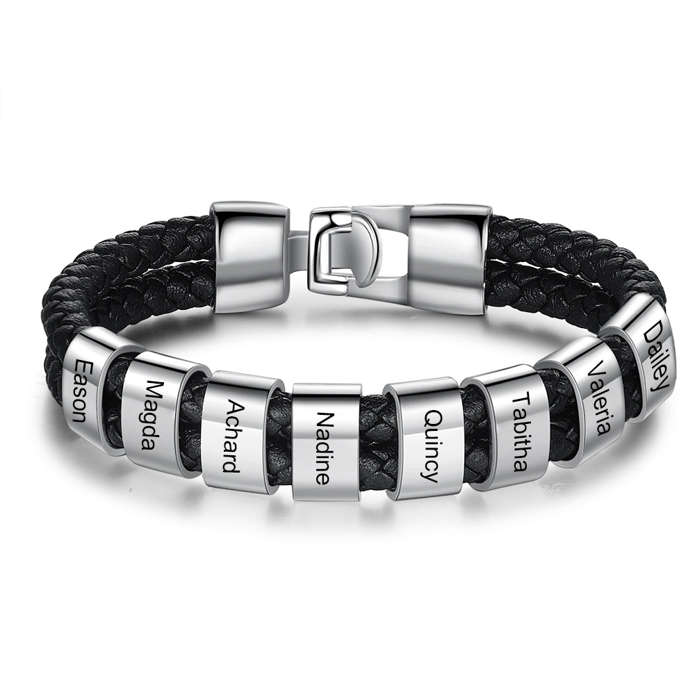 Leather Bracelet - Personalised Name Beads Bracelet, Men's Bracelet, Father's day Gift for Him - Engraved Memories