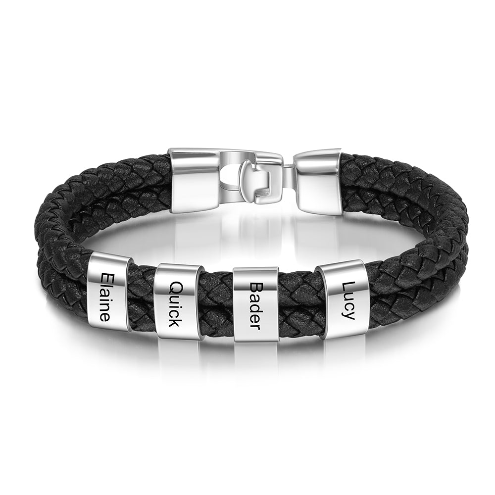Men's Leather Bracelet Personalised Name Beads Stylish