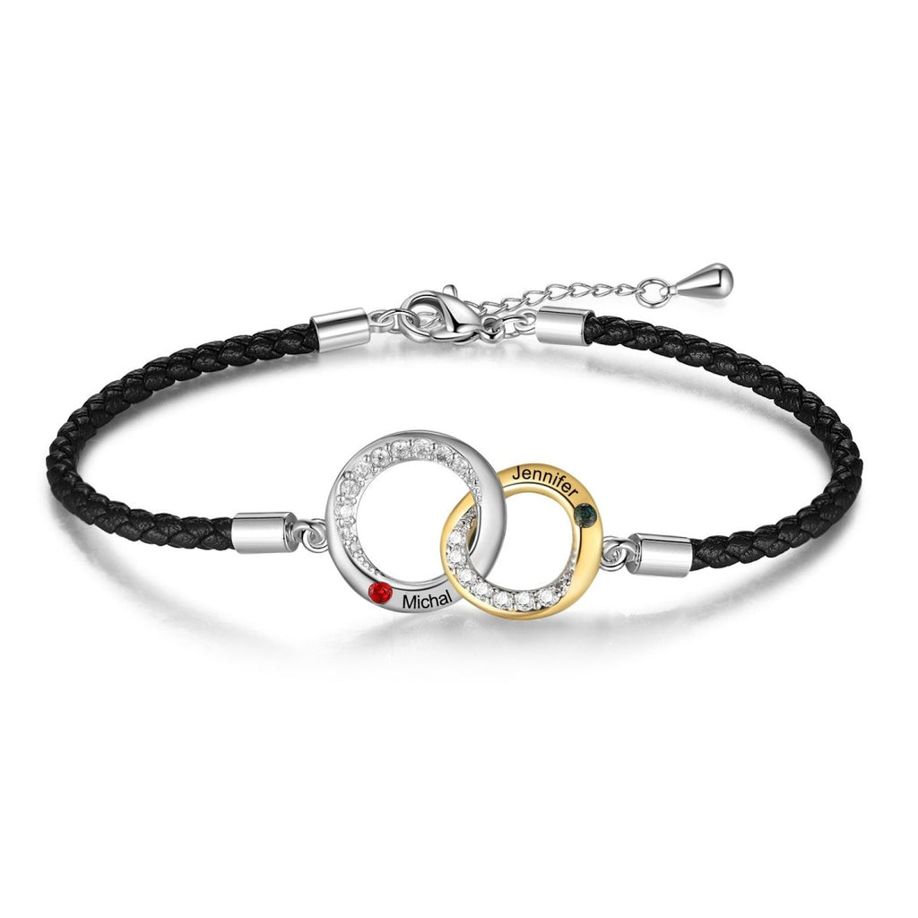 Personalized leather bracelet with birthstones and names, interconnected Mobius design, 18+5cm chain.