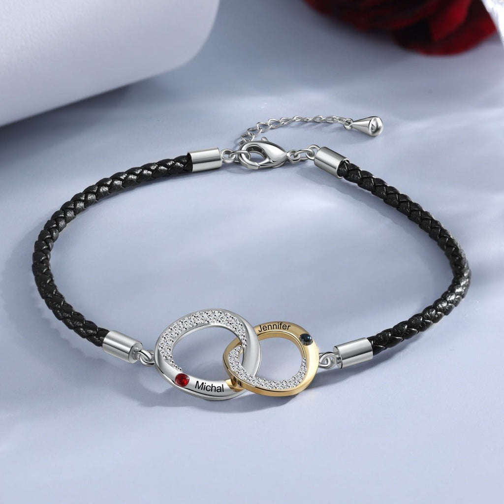 Personalized leather bracelet with birthstones and names, interconnected Mobius design, 18+5cm chain.