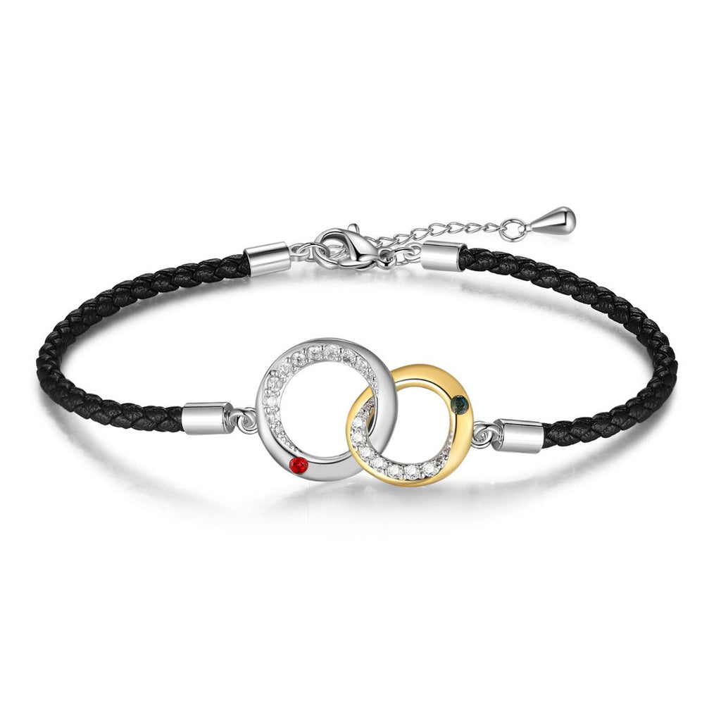 Personalized leather bracelet with birthstones and names, interconnected Mobius design, 18+5cm chain.