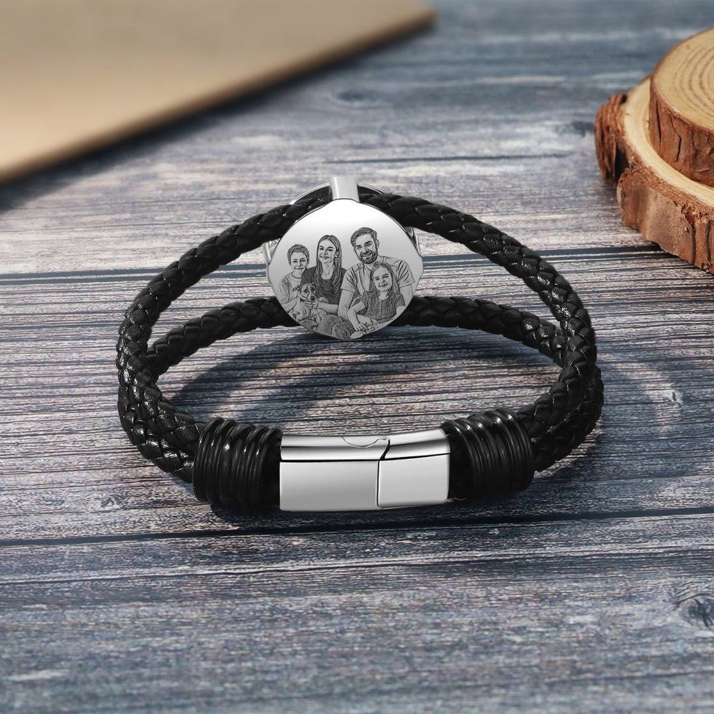 Leather Bracelet with Compass & Photo, Engraved Navigator Wristband, Personalised Gift for Her, Men's Jewelry - Engraved Memories