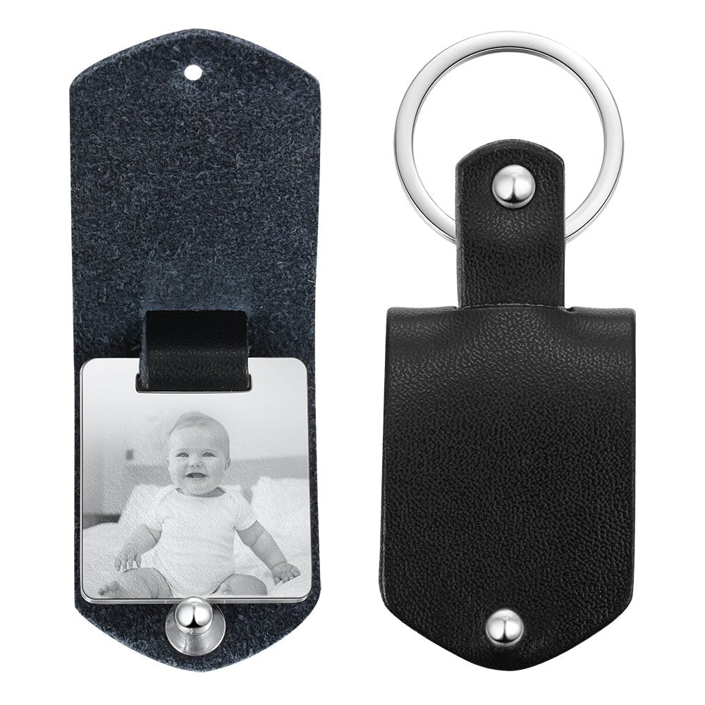 Personalized leather keychain with date and photo, stainless steel, black/red/brown, 21.5g weight."