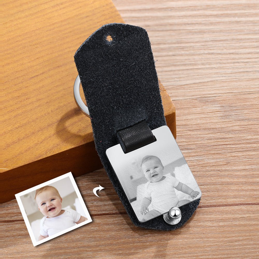 Personalized leather keychain with date and photo, stainless steel, black/red/brown, 21.5g weight."