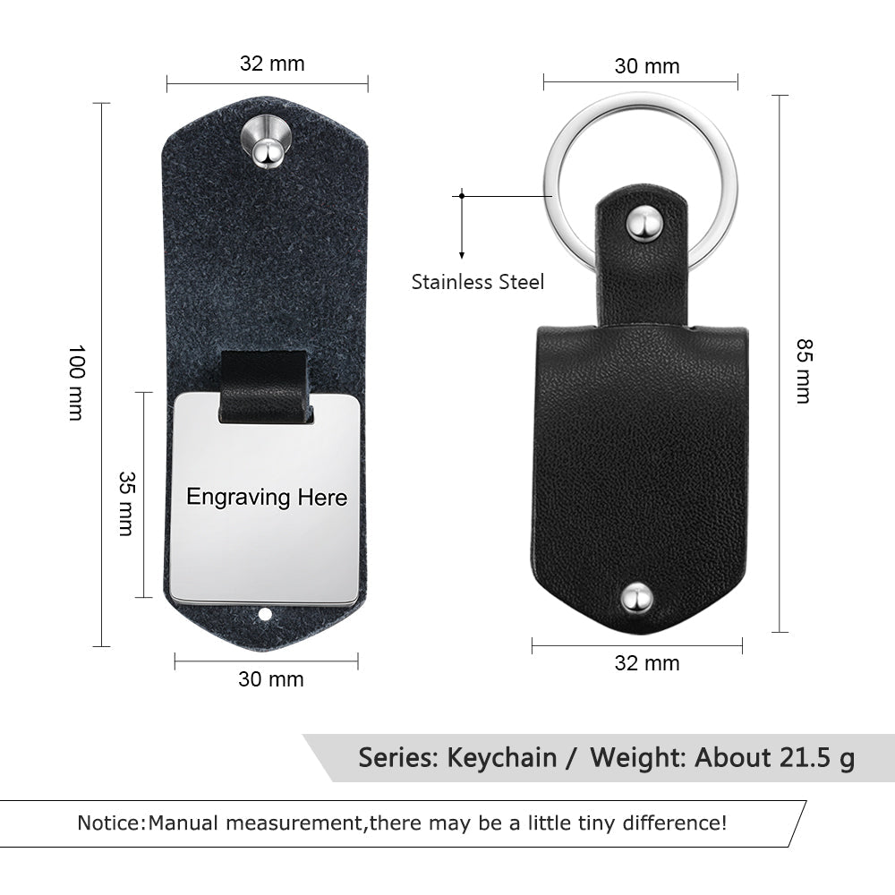 Personalized leather keychain with date and photo, stainless steel, black/red/brown, 21.5g weight."