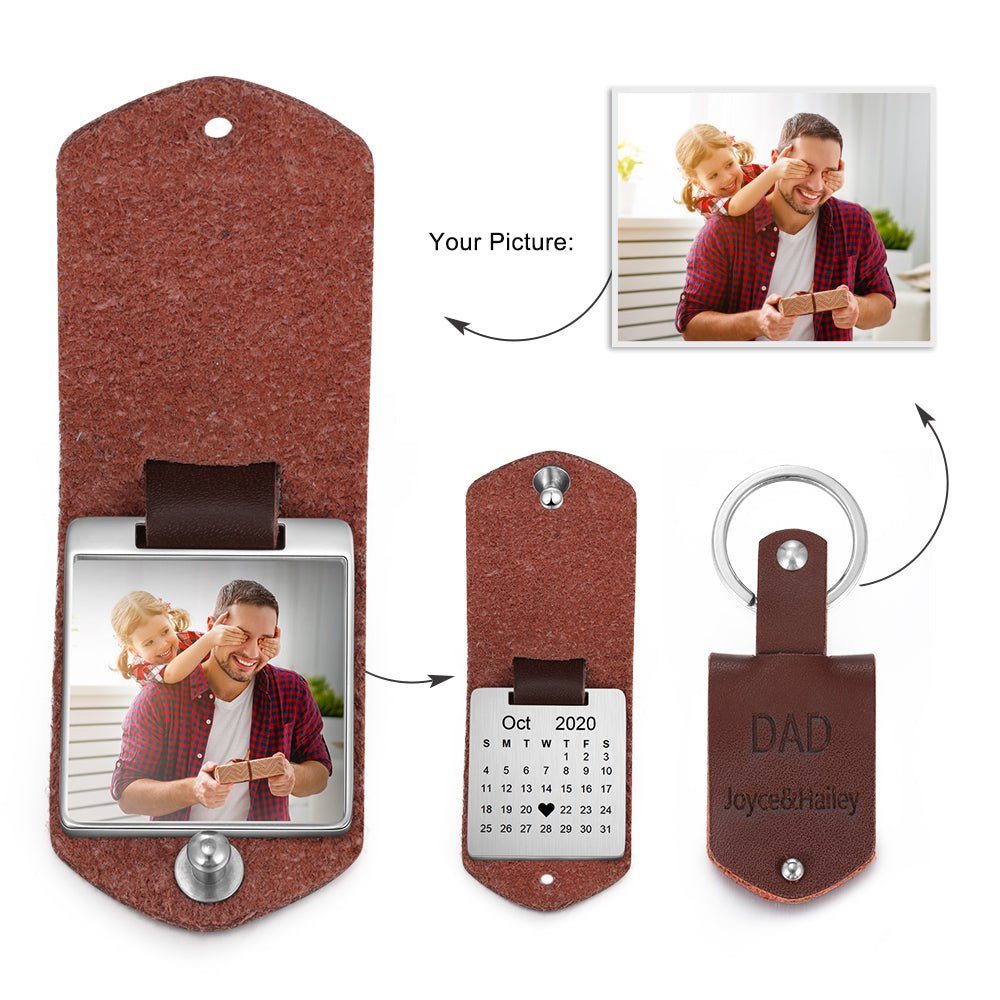 Personalized leather keychain with date and photo, stainless steel, black/red/brown, 21.5g weight."