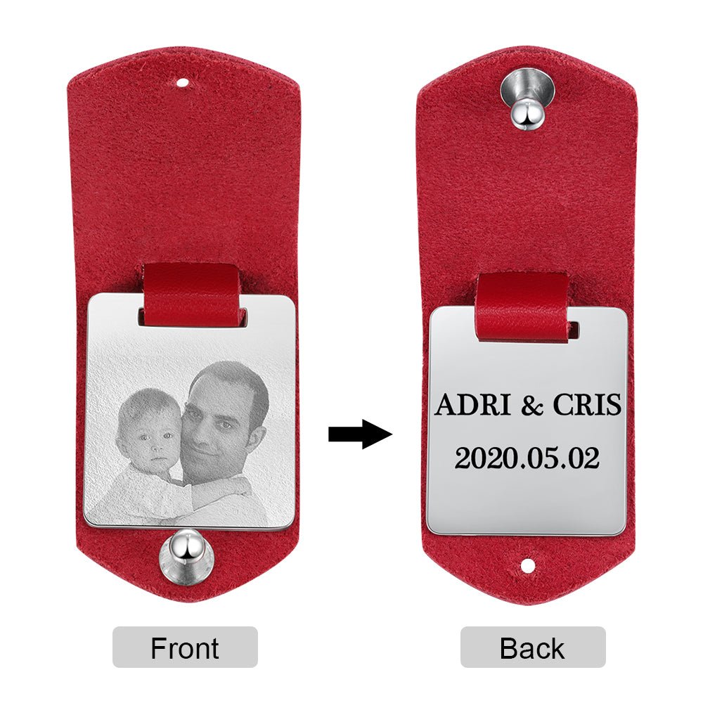 Personalized leather keychain with date and photo, stainless steel, black/red/brown, 21.5g weight."