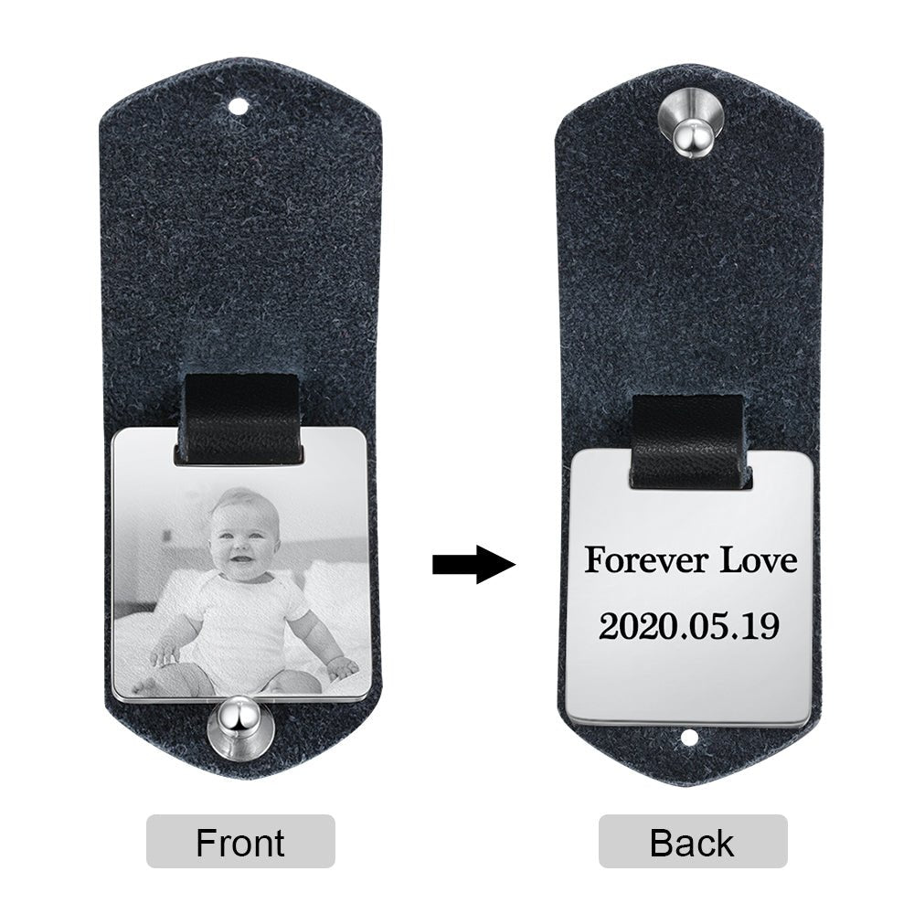 Personalized leather keychain with date and photo, stainless steel, black/red/brown, 21.5g weight."