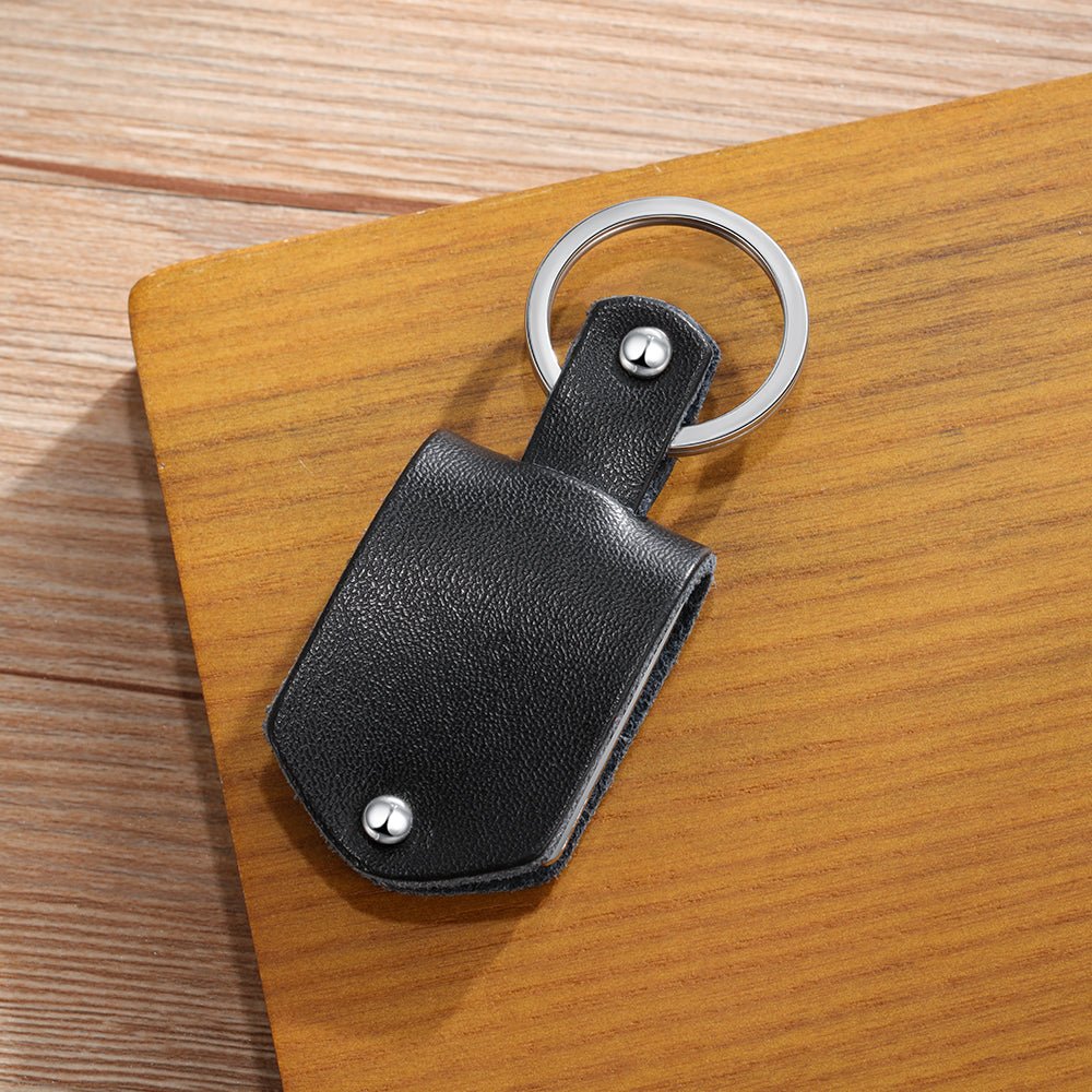 Personalized leather keychain with date and photo, stainless steel, black/red/brown, 21.5g weight."