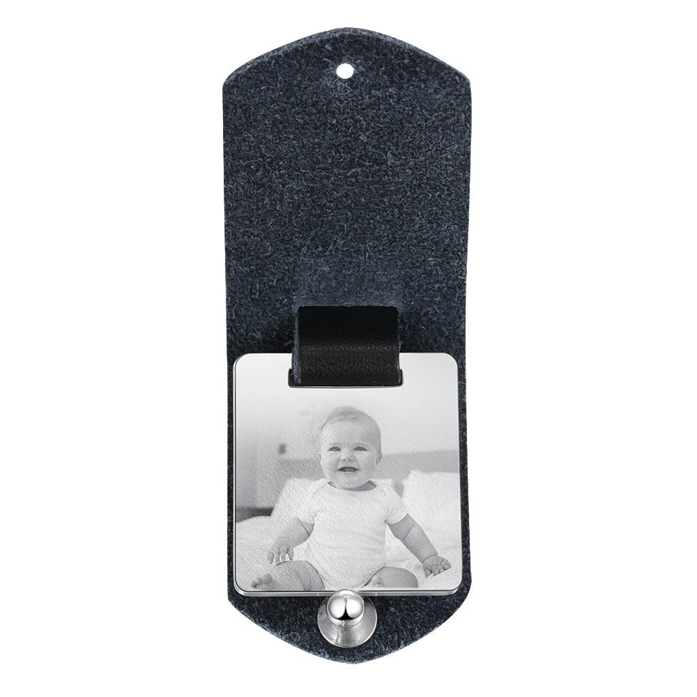Personalized leather keychain with date and photo, stainless steel, black/red/brown, 21.5g weight."
