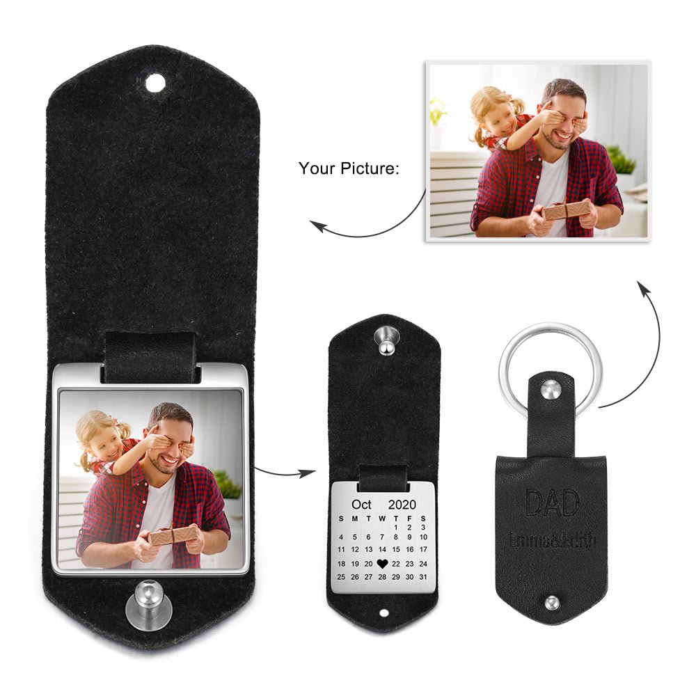 Personalized leather keychain with date and photo, stainless steel, black/red/brown, 21.5g weight."